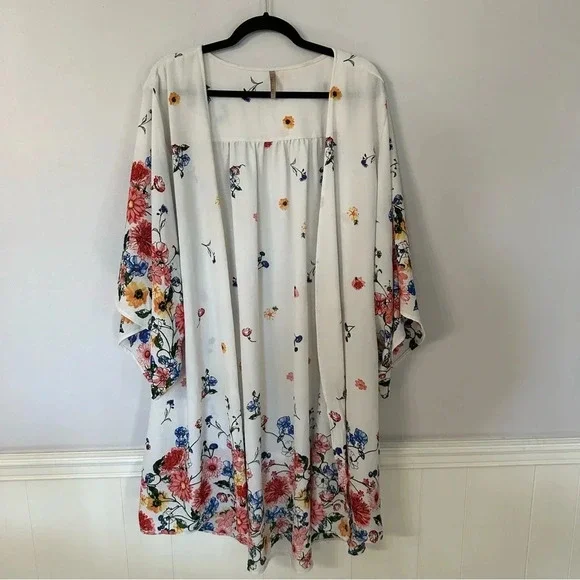 Paolino Women’s Short Sleeve White Open Front Draped Hi/Lo Floral Kimono GUC - Picture 2 of 5